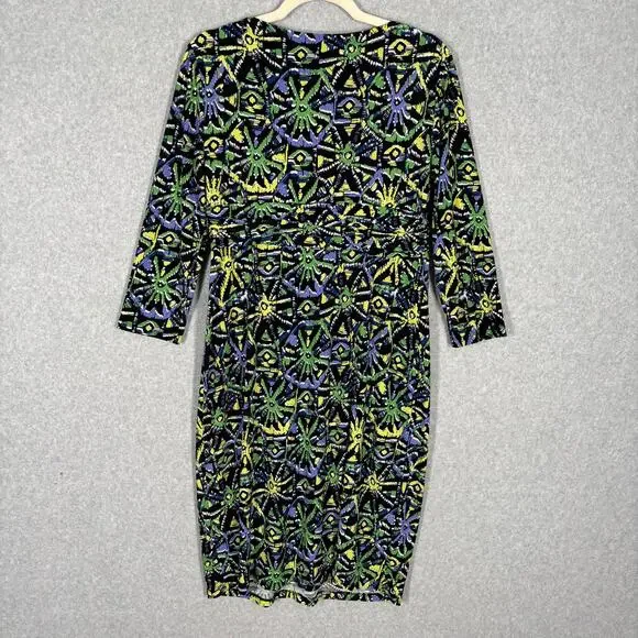 Jones New York Dress 10 Wrap Ruched Slinky Abstract Artsy Career Church Print